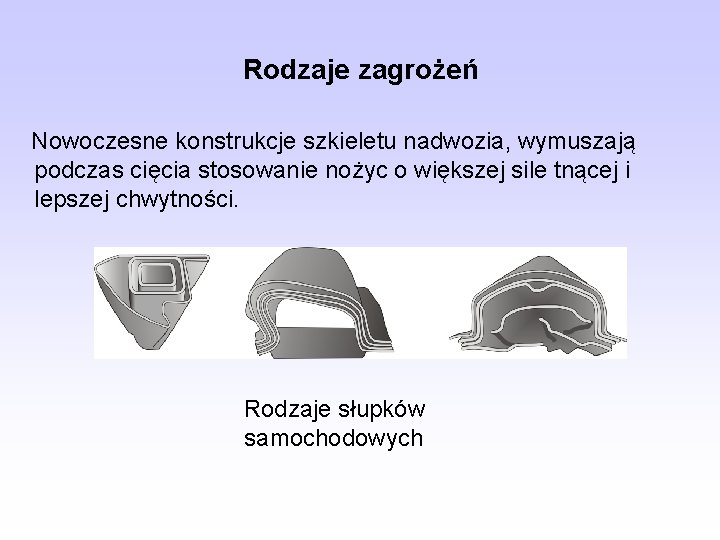 Rodzaje zagrożeń Nowoczesne konstrukcje szkieletu nadwozia, wymuszają podczas cięcia stosowanie nożyc o większej sile Rodzaje zagrożeń Nowoczesne konstrukcje szkieletu nadwozia, wymuszają podczas cięcia stosowanie nożyc o większej sile