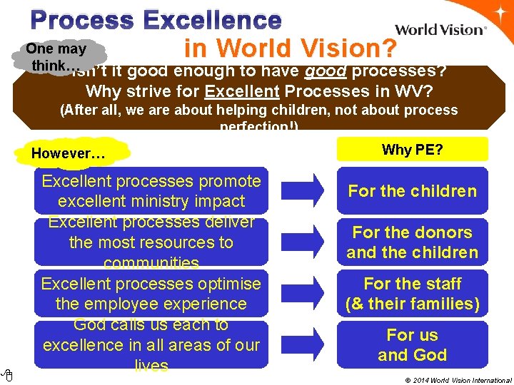 Process Excellence One may in World Vision think