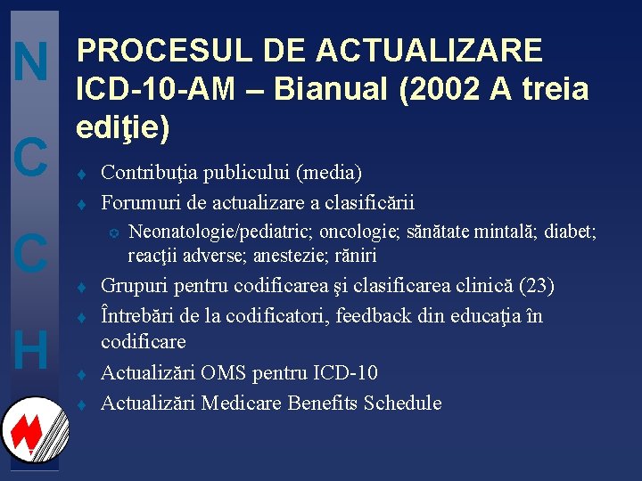 N C PROCESUL DE ACTUALIZARE ICD-10 -AM – Bianual (2002 A treia ediţie) t