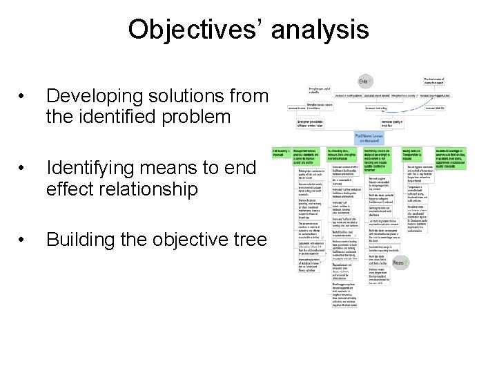 Objectives’ analysis • Developing solutions from the identified problem • Identifying means to end