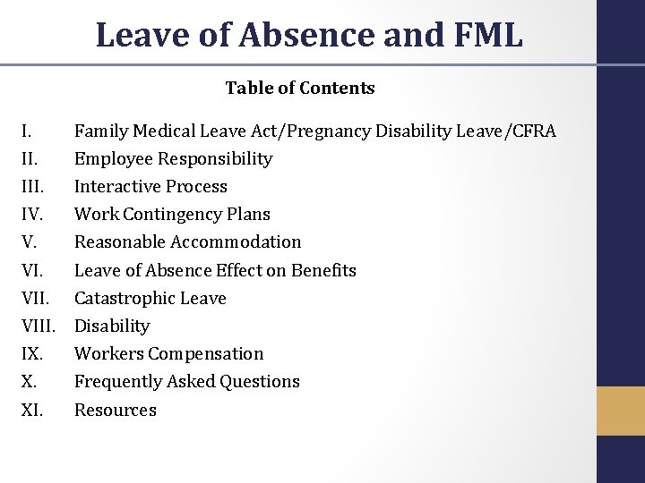 Leave of Absence and FML Table of Contents I. III. IV. V. VIII. IX.