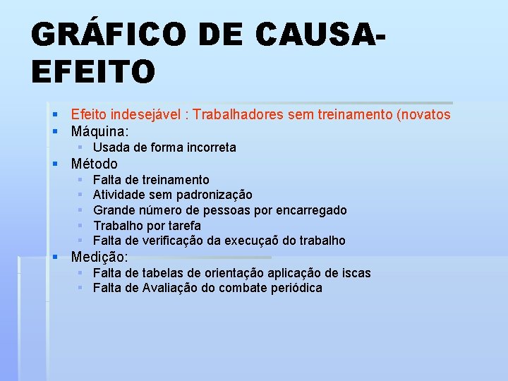 GRÁFICO DE CAUSAEFEITO § Efeito indesejável : Trabalhadores sem treinamento (novatos § Máquina: §