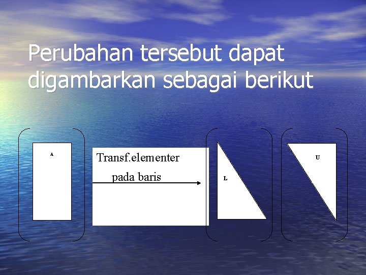 Perubahan tersebut dapat digambarkan sebagai berikut A Transf. elementer pada baris U L Perubahan tersebut dapat digambarkan sebagai berikut A Transf. elementer pada baris U L