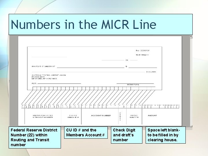 Numbers in the MICR Line Federal Reserve District Number (22) within Routing and Transit