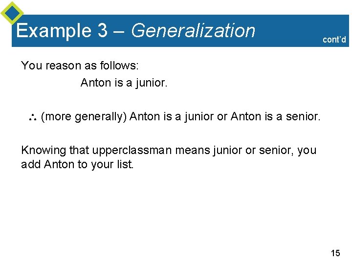 Example 3 – Generalization cont’d You reason as follows: Anton is a junior. (more