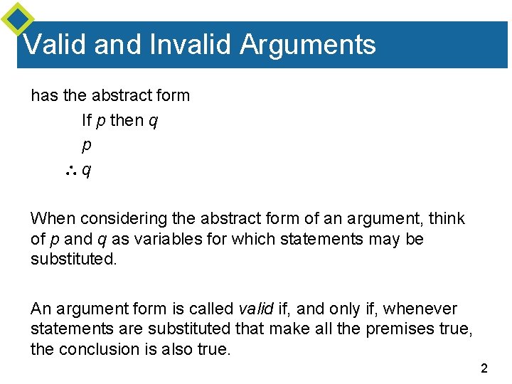Valid and Invalid Arguments has the abstract form If p then q p q