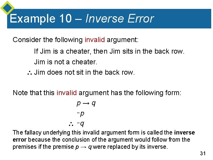 Example 10 – Inverse Error Consider the following invalid argument: If Jim is a