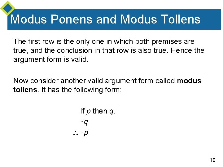 Modus Ponens and Modus Tollens The first row is the only one in which