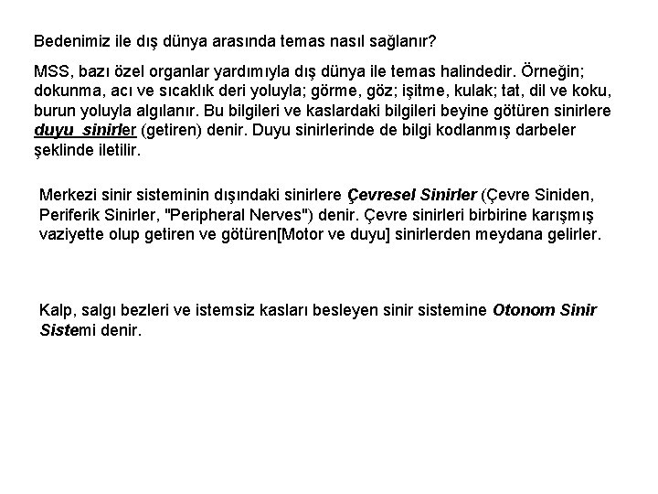 Bedenimiz ile dış dünya arasında temas nasıl sağlanır? MSS, bazı özel organlar yardımıyla dış