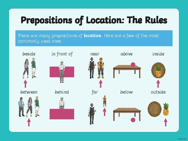 Prepositions of Location: The Rules There are many prepositions of location. Here a few