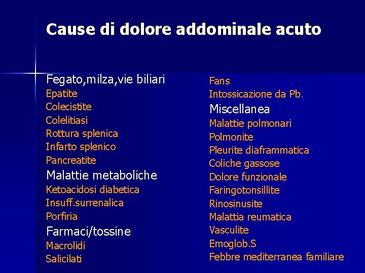 Cause di dolore addominale acuto Fegato, milza, vie biliari Epatite Colecistite Colelitiasi Rottura splenica