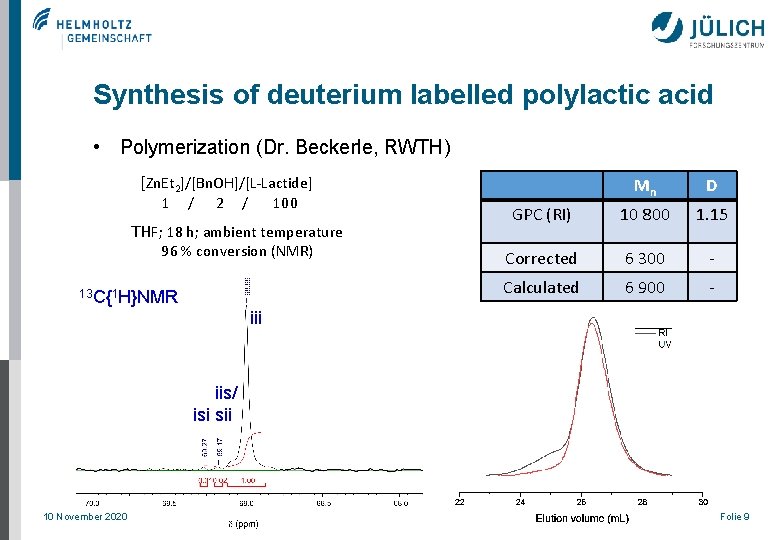 Synthesis of deuterium labelled polylactic acid • Polymerization (Dr. Beckerle, RWTH) [Zn. Et 2]/[Bn.