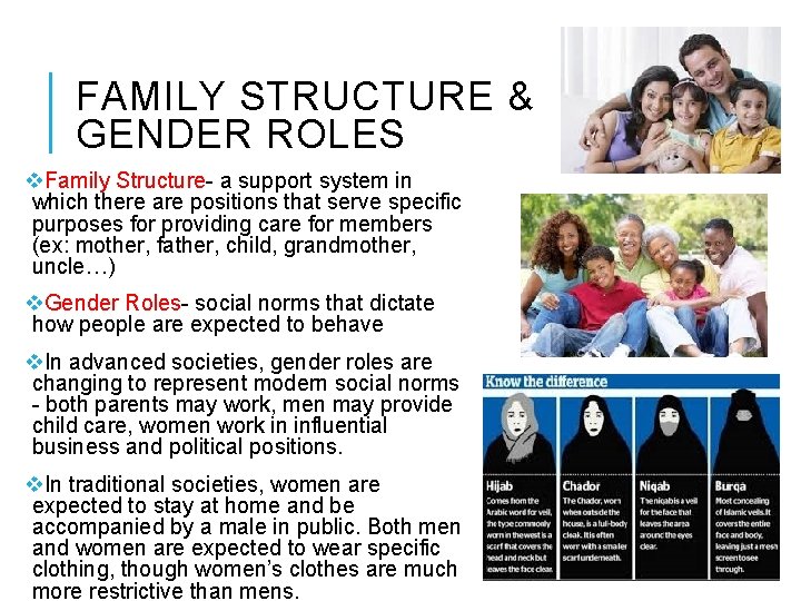 FAMILY STRUCTURE & GENDER ROLES v. Family Structure- a support system in which there