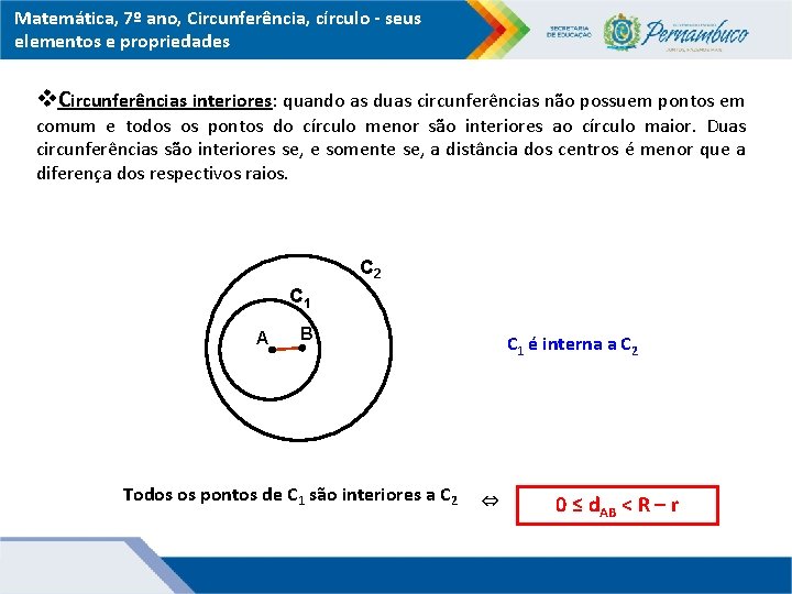 Matemática, 7º ano, Circunferência, círculo - seus elementos e propriedades Circunferências interiores: quando as