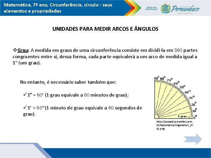 Matemática, 7º ano, Circunferência, círculo - seus elementos e propriedades UNIDADES PARA MEDIR ARCOS