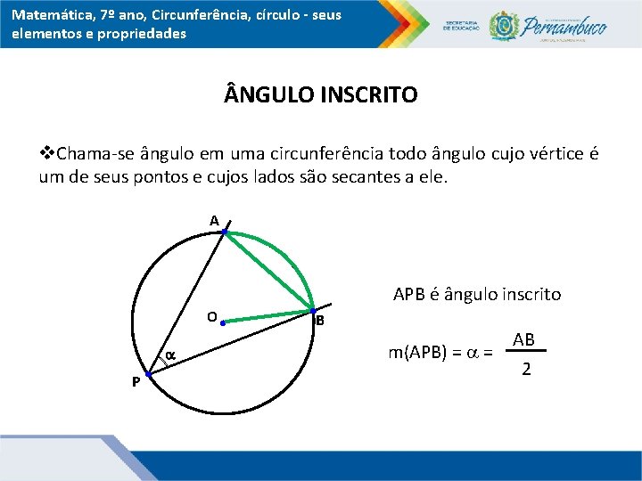 Matemática, 7º ano, Circunferência, círculo - seus elementos e propriedades NGULO INSCRITO Chama-se ângulo