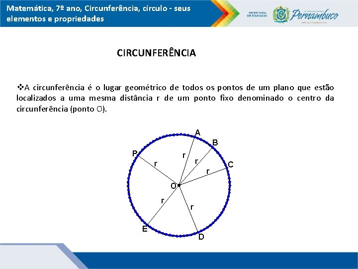 Matemática, 7º ano, Circunferência, círculo - seus elementos e propriedades CIRCUNFERÊNCIA A circunferência é