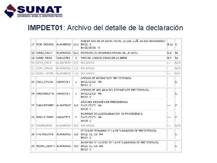 IMPDET 01: Archivo del detalle de la declaración 