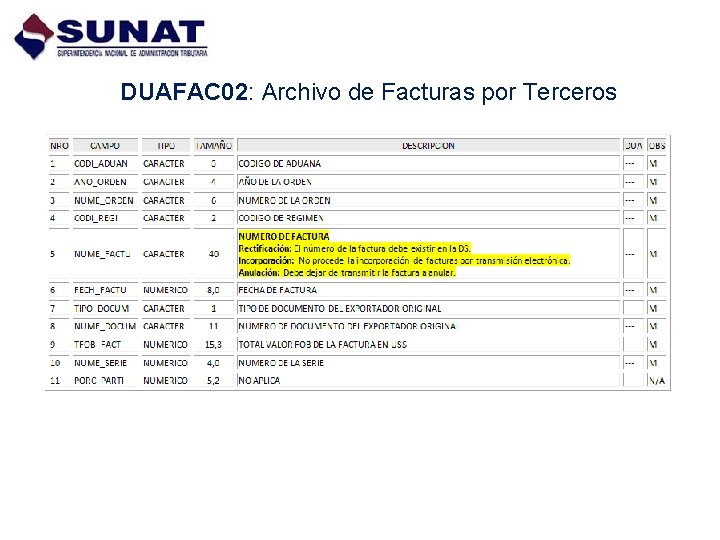 DUAFAC 02: Archivo de Facturas por Terceros 