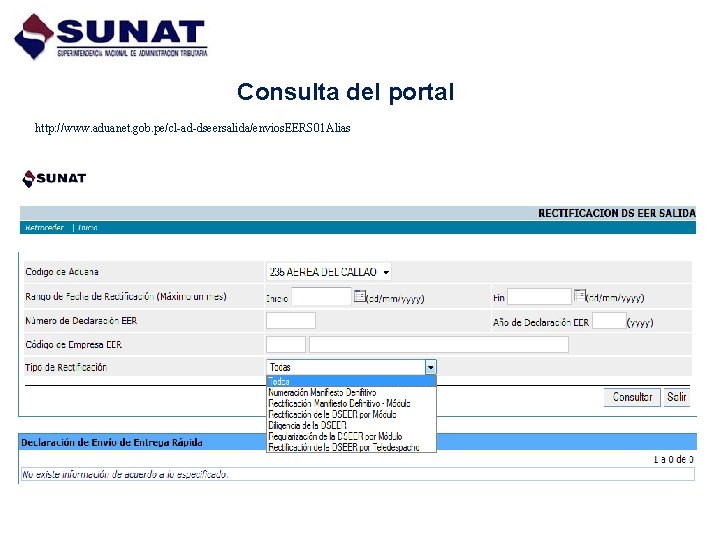 Consulta del portal http: //www. aduanet. gob. pe/cl-ad-dseersalida/envios. EERS 01 Alias 