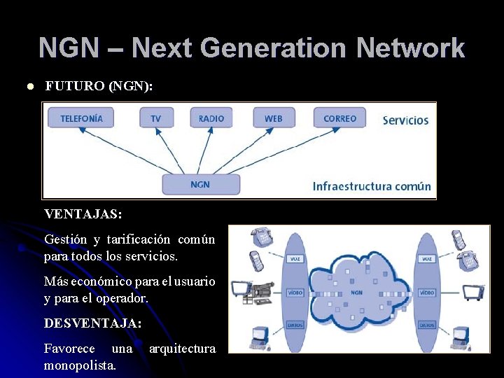NGN – Next Generation Network l FUTURO (NGN): VENTAJAS: Gestión y tarificación común para