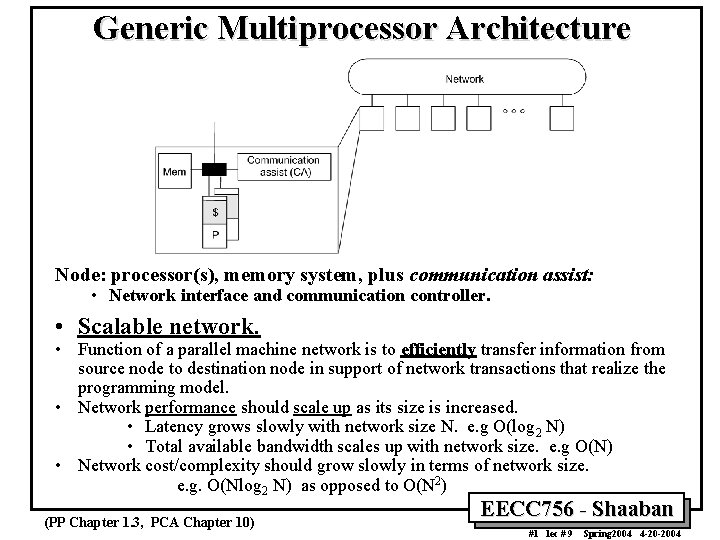 Generic Multiprocessor Architecture Node: processor(s), memory system, plus communication assist: • Network interface and