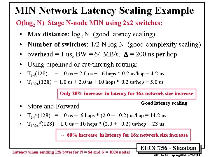 MIN Network Latency Scaling Example O(log 2 N) Stage N-node MIN using 2 x