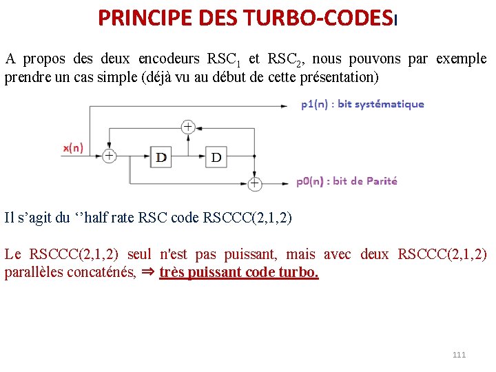 PRINCIPE DES TURBO-CODESI A propos deux encodeurs RSC 1 et RSC 2, nous pouvons PRINCIPE DES TURBO-CODESI A propos deux encodeurs RSC 1 et RSC 2, nous pouvons
