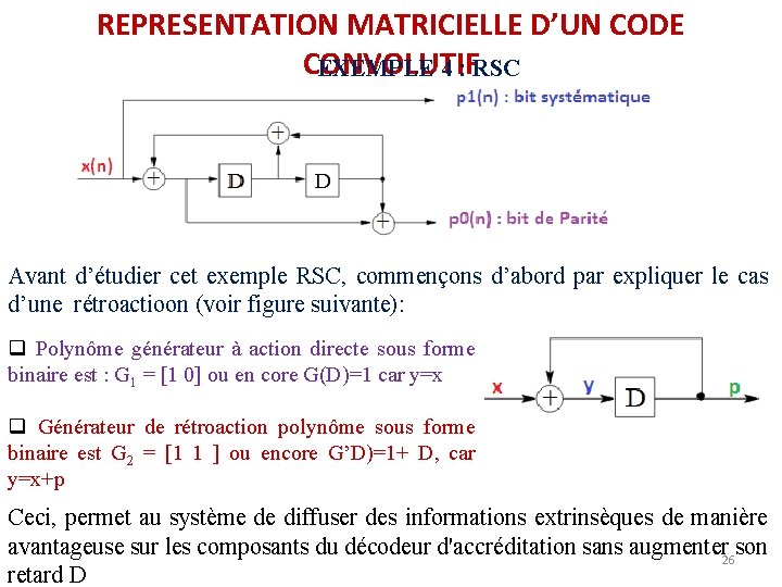 REPRESENTATION MATRICIELLE D’UN CODE CONVOLUTIF EXEMPLE 4 : RSC Avant d’étudier cet exemple RSC, REPRESENTATION MATRICIELLE D’UN CODE CONVOLUTIF EXEMPLE 4 : RSC Avant d’étudier cet exemple RSC,