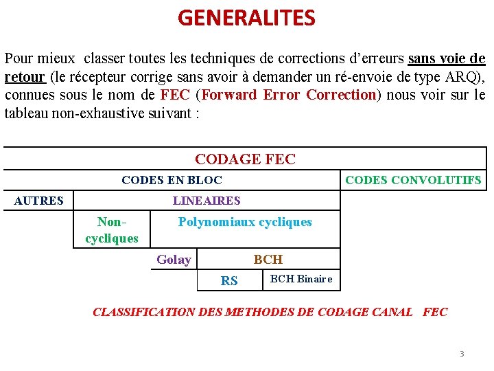 GENERALITES Pour mieux classer toutes les techniques de corrections d’erreurs sans voie de retour GENERALITES Pour mieux classer toutes les techniques de corrections d’erreurs sans voie de retour