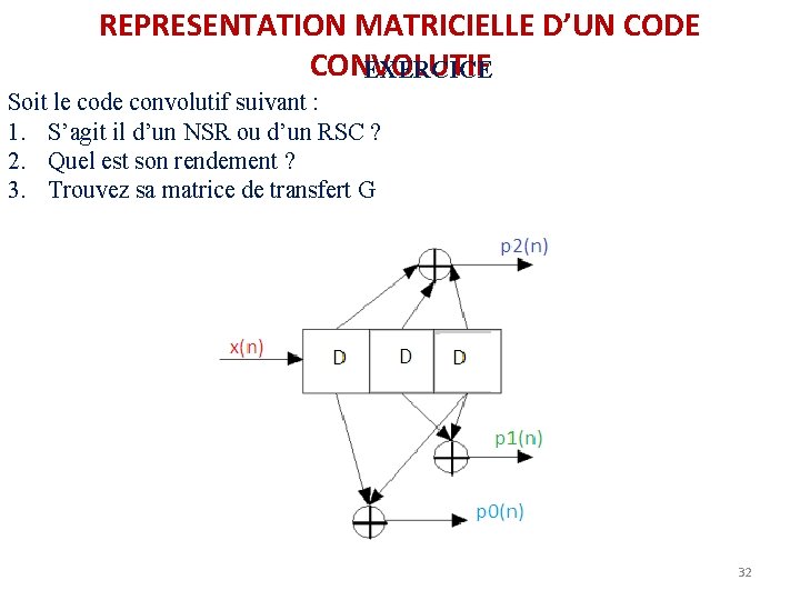 REPRESENTATION MATRICIELLE D’UN CODE CONVOLUTIF EXERCICE Soit le code convolutif suivant : 1. S’agit REPRESENTATION MATRICIELLE D’UN CODE CONVOLUTIF EXERCICE Soit le code convolutif suivant : 1. S’agit