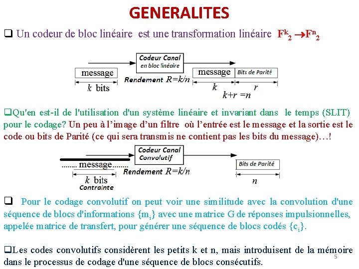 GENERALITES q Un codeur de bloc linéaire est une transformation linéaire Fk 2 Fn GENERALITES q Un codeur de bloc linéaire est une transformation linéaire Fk 2 Fn
