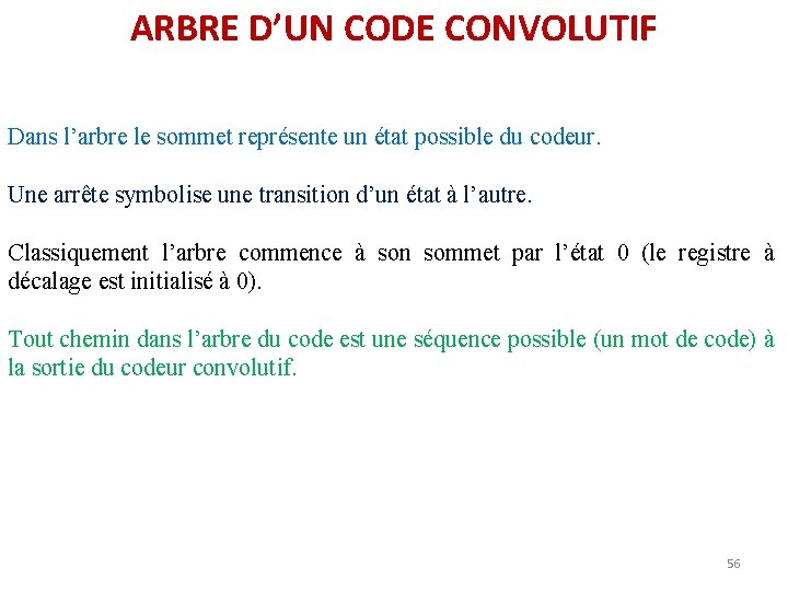 ARBRE D’UN CODE CONVOLUTIF Dans l’arbre le sommet représente un état possible du codeur. ARBRE D’UN CODE CONVOLUTIF Dans l’arbre le sommet représente un état possible du codeur.