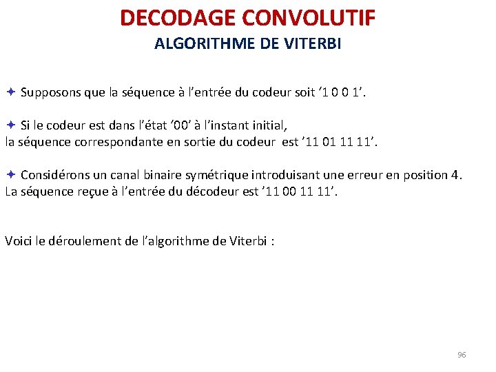 DECODAGE CONVOLUTIF ALGORITHME DE VITERBI ª Supposons que la séquence à l’entrée du codeur DECODAGE CONVOLUTIF ALGORITHME DE VITERBI ª Supposons que la séquence à l’entrée du codeur