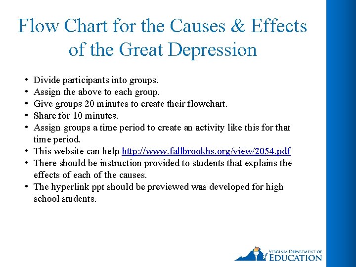 Flow Chart for the Causes & Effects of the Great Depression • • •