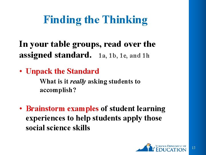 Finding the Thinking In your table groups, read over the assigned standard. 1 a,