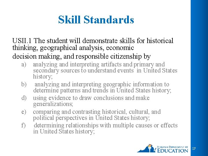 Skill Standards USII. 1 The student will demonstrate skills for historical thinking, geographical analysis,