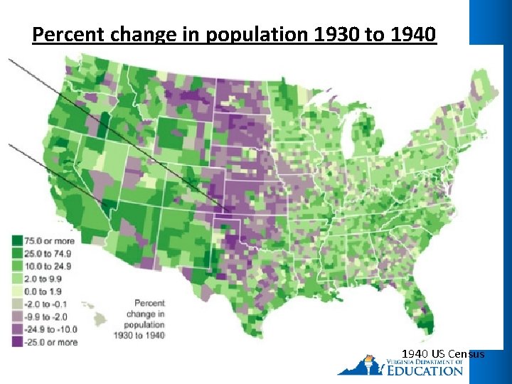 Percent change in population 1930 to 1940 US Census 