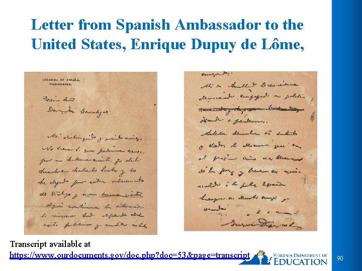 Letter from Spanish Ambassador to the United States, Enrique Dupuy de Lôme, Transcript available