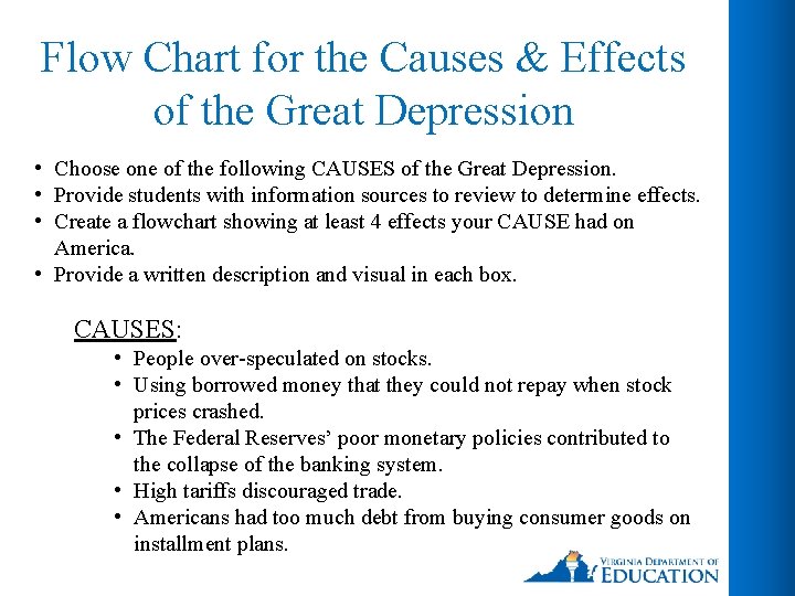 Flow Chart for the Causes & Effects of the Great Depression • Choose one