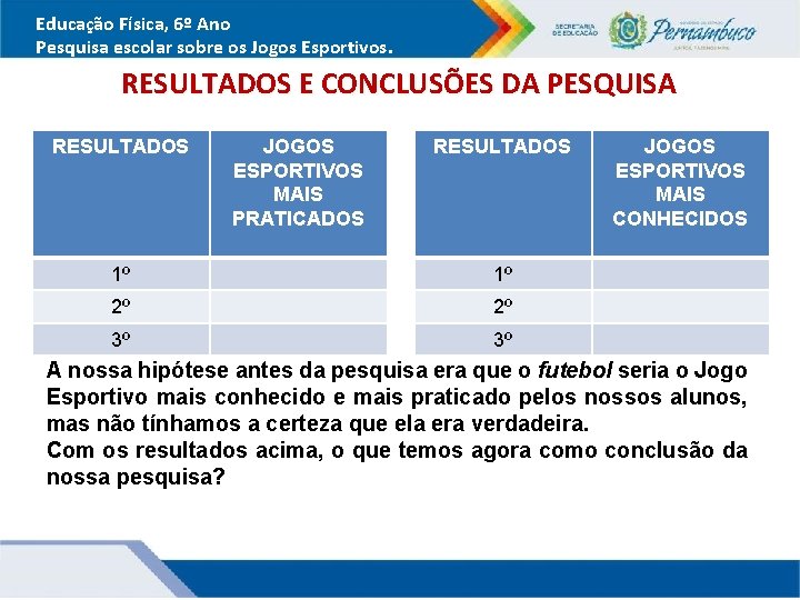 Educação Física, 6º Ano Pesquisa escolar sobre os Jogos Esportivos. RESULTADOS E CONCLUSÕES DA Educação Física, 6º Ano Pesquisa escolar sobre os Jogos Esportivos. RESULTADOS E CONCLUSÕES DA