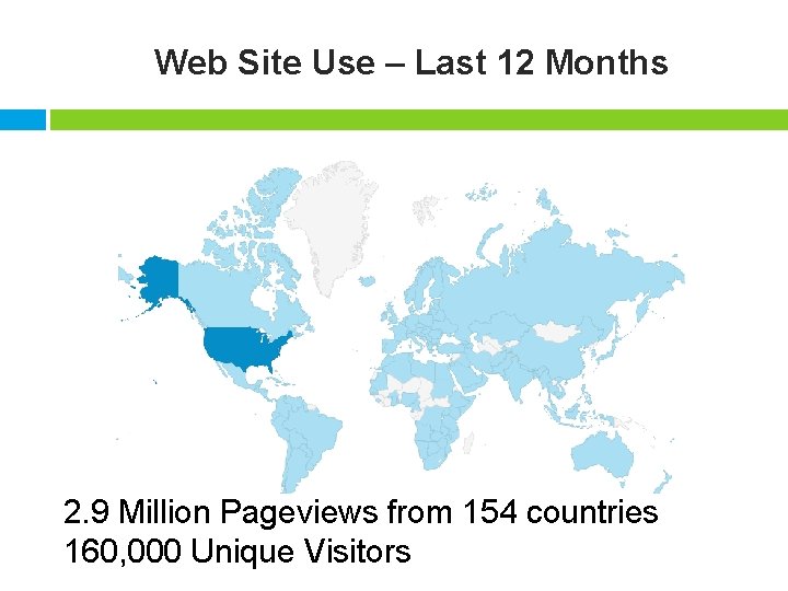 Web Site Use – Last 12 Months 2. 9 Million Pageviews from 154 countries