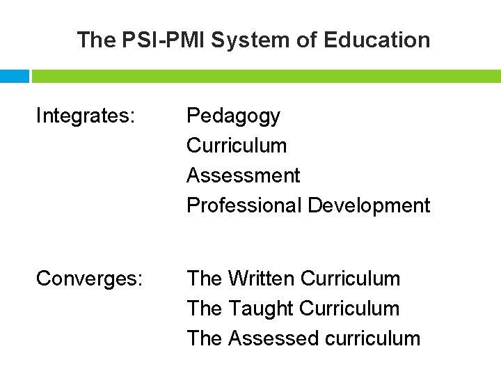 The PSI-PMI System of Education Integrates: Pedagogy Curriculum Assessment Professional Development Converges: The Written