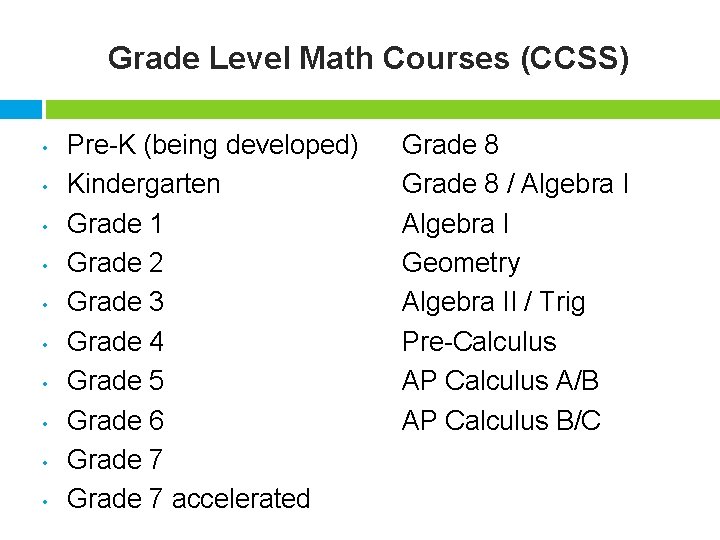 Grade Level Math Courses (CCSS) • • • Pre-K (being developed) Kindergarten Grade 1