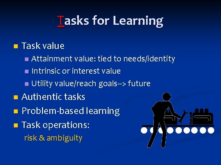 Tasks for Learning n Task value Attainment value: tied to needs/identity n Intrinsic or Tasks for Learning n Task value Attainment value: tied to needs/identity n Intrinsic or