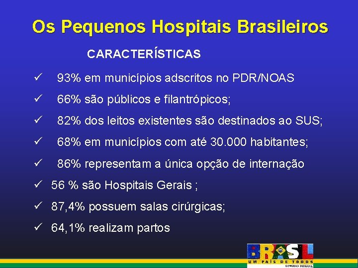 Os Pequenos Hospitais Brasileiros CARACTERÍSTICAS ü 93% em municípios adscritos no PDR/NOAS ü 66%