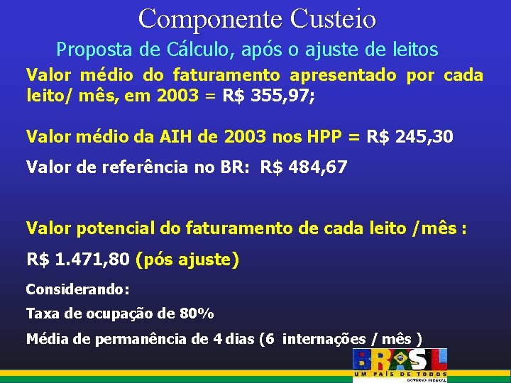 Componente Custeio Proposta de Cálculo, após o ajuste de leitos Valor médio do faturamento