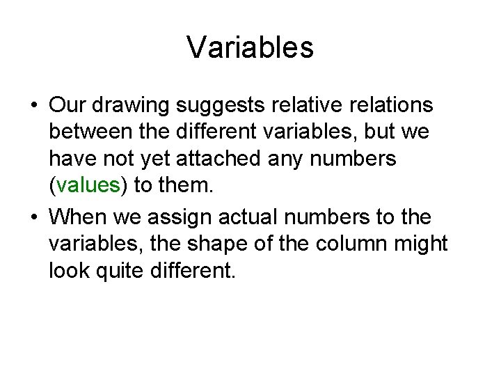 Variables • Our drawing suggests relative relations between the different variables, but we have