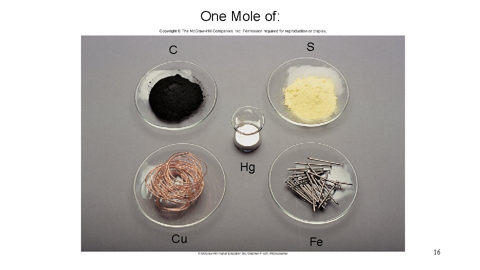 One Mole of: S C Hg Cu Fe 16 One Mole of: S C Hg Cu Fe 16