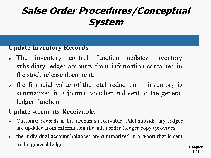 Salse Order Procedures/Conceptual System Update Inventory Records Ø The inventory control function updates inventory
